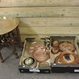 An Indian brass top occasional table, together with a collection of metal wares,