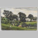 Robert E Buckley, a village scene with sheep grazing, signed oil on canvas, dated 1892,