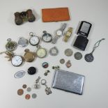 A gold plated pocket watch, together with a collection of other watches, coins,