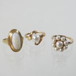 A 9 carat gold opal single stone ring, size K, together with a 15 carat gold pearl ring,