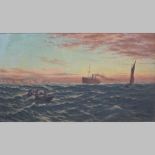 Sydney F Cook, sail and steam under a dying sun, signed and dated 1918, oil on canvas,