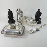 A collection of silver plated items, together with a pair of Wedgwood black basalt figures,