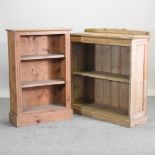 An antique pine dwarf open bookcase, 102cm,