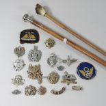 A collection of military cap badges, together with a silver top walking cane,