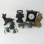 A bronze model of a cat, together with another, three bronze models of mice,