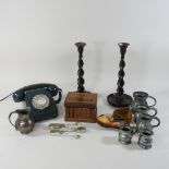 A collection of items to include pewter measures, a 1970's telephone,