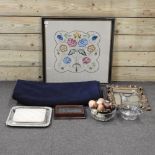 A collection of items to include a plated bread board, a crewel work picture by Emily Alleston,