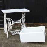 A white painted cast iron Singer sewing machine table with a marble top, 76cm,