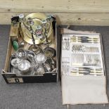 Two boxes of metalwares, to include silver plated items, a set of cutlery and two clocks,