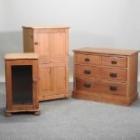 An Edwardian satin walnut chest of drawers, 92cm, together with a pine cabinet with a glazed door,