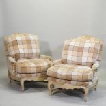 A pair of large American check upholstered show frame armchairs, by Gina B, Los Angeles,