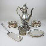 A collection of silver plated items, to include a pair of wine coasters,