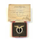 Czech WW2 Attributed Pilot's Silver Breast Wings Badge & Certificate.