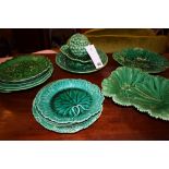 A selection of Victorian Wedgwood-Copeland and other green majolica vine leaf & cabbage plates etc