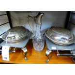 Two Harrods silver plated serving dishes together with a claret jug and two food warmers (5)