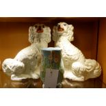 Two Victorian Staffordshire dogs + a Melba Ware vase