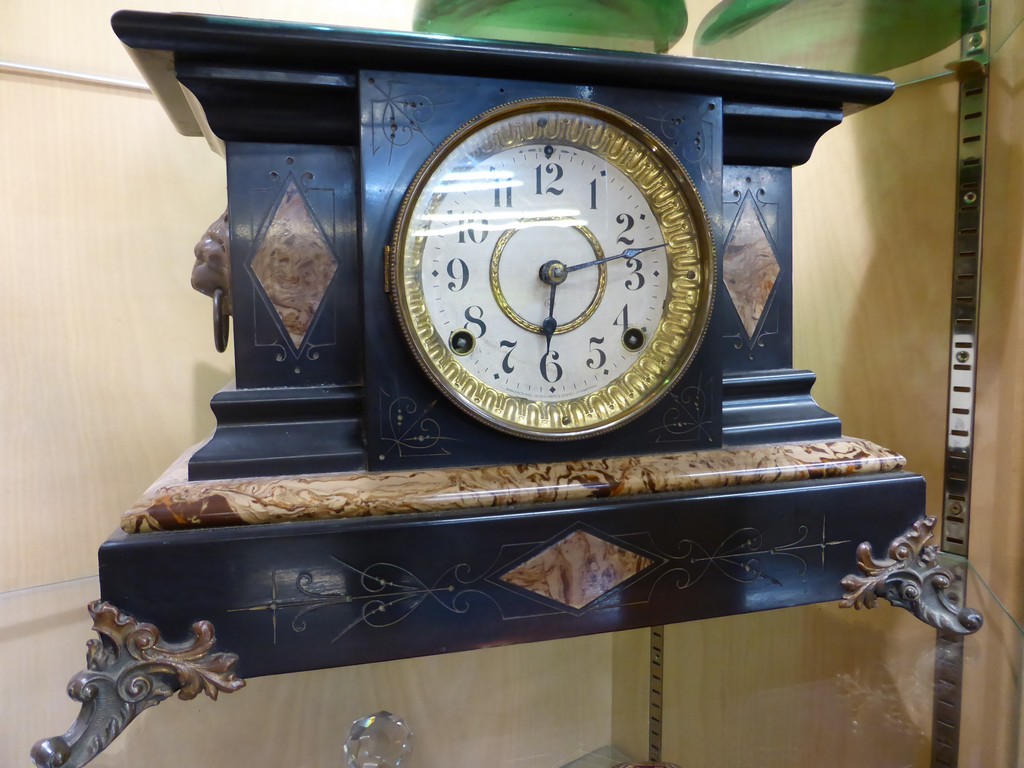 Antique Seth Thomas Adamantine mantle clock, c1880, faux marble finish, lion head handles and