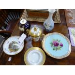 A pair of antique cabinet plates, painted with roses on a light blue ground, together with a Meissen