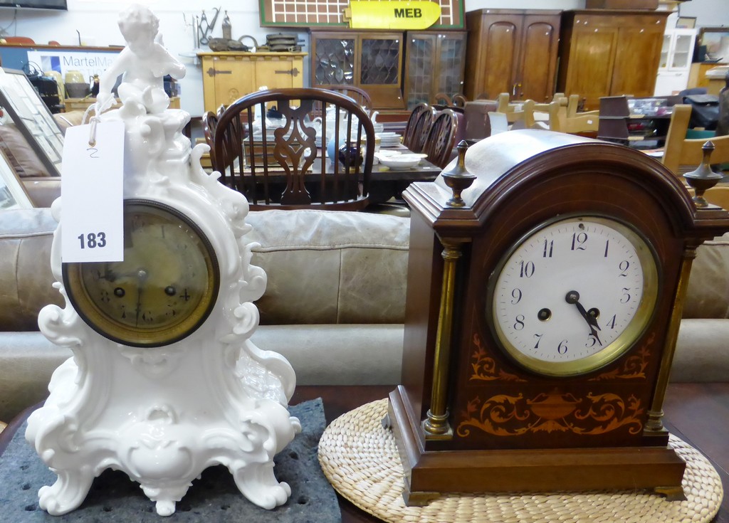 An Edwardian mahogany and marquetry eight day mantel clock, the movement by Samuel Marti, Paris, no.