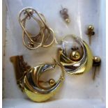 Five pairs of 9ct, 10ct & 14ct gold earrings + a single earring & two small pendants,