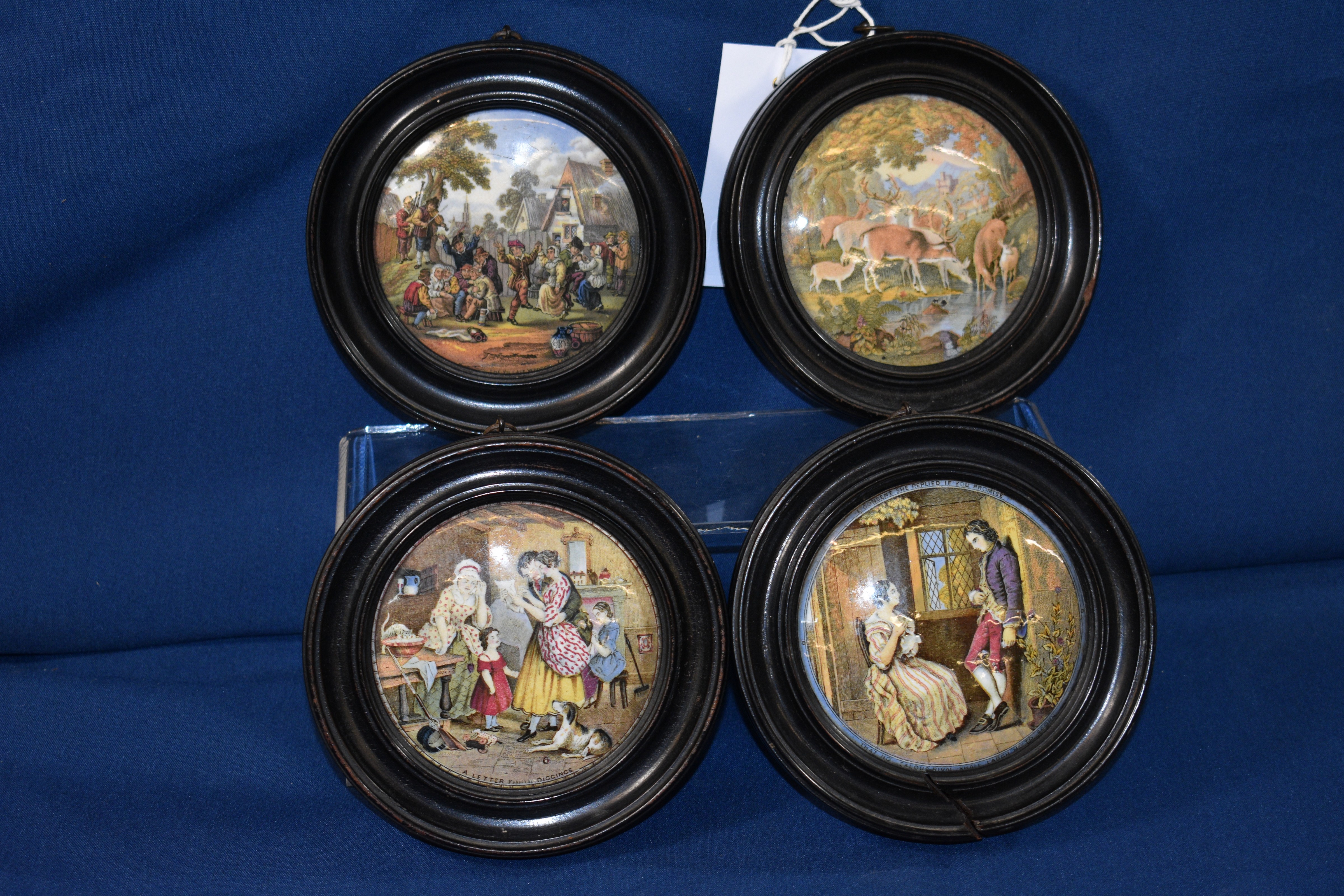 Four Prattware pot lids entitled, The Village Wedding - has date line registration mark on the