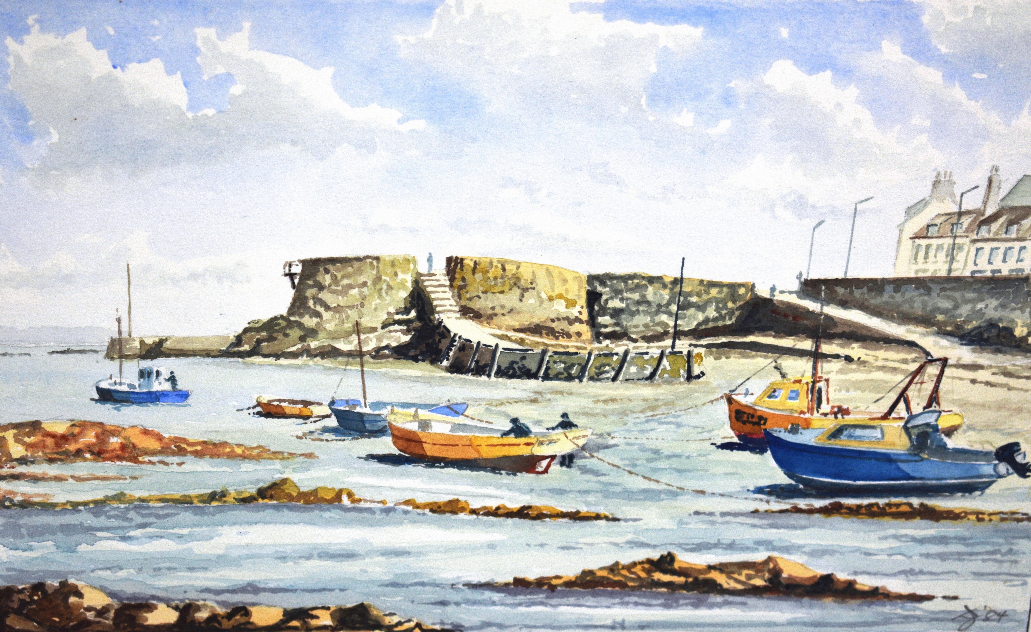 David Jory watercolour - Low tide at Salerie Harbour, St Peter Port