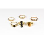 Six 9ct gold rings, some stone set. (6)