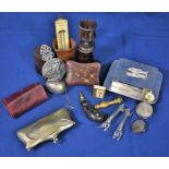 A rummage tray of antique and vintage collectables comprising of base metal coin purse; miniature