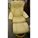 A cream Stressless reclining swivel chair with matching footstool (2)