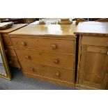 A pine three drawer chest of drawers, 91 x 46cm, 81cm high.