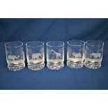 Rowland Ward safari elephant, buffalo, rhino, giraffe and lion engraved glass tumblers, faceted