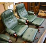 A pair of dark green Stressless style swivel chairs with matching footstools (4)
