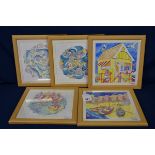 A set of five framed and signed 'Pitchford' watercolours depicting bright beachside themes (5)