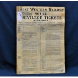 Railwayana - GWR Great Western Railway poster - NOTICE PRIVILEGE TICKETS APPENDIX, pasted to