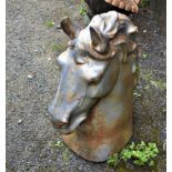 A large metal sculpture of a horses head and neck, 19 1/2in high.