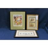 A framed pair of Louis Wain cat postcards together with a Fougasse print, 'The Killjoy'; and an