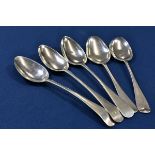 Five Channel Islands silver soup spoons comprising of two Hanoverian pattern, the first marked PA