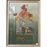 A 1950's still life painting of finches and poppies, glazed and framed, signed 'Valdo 1952', 56 x 39