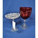 A Victorian oversized goblet form cranberry and clear glass vase the ovoid cranberry bowl with
