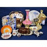 A collection of various pottery to include a Shelley bowl, Poole pottery jug, Royal Dux style figure