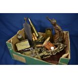 A rummage box of collectables to include Sanbri cork plugger; trench art; brass horn; pair of wooden