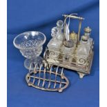 An Edwardian silver plated and cut glass cruet stand one cut glass jar replaced; together with an