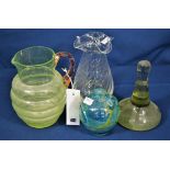 A Mdina glass vase and Dartington vase, a glass dump and 1950's jug (4)