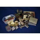 A rummage box of collectables comprising of vintage watches (a/f); vesta case wax seal; vintage