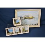 A Pamela Dorey oil painting of Castle Cornet with four miniatures, Le Gouffre, Pine Forest, Albecq