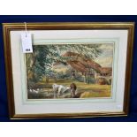 R E Buckley 1898 signed painting, label verso 'Farmyard near Battle, Sussex'