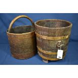 A brass bound oak coopered coal bucket 1920s-30s, by R. A. Lister & Co. Ltd., Dursley, with twin