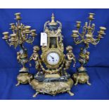 A French Louis XV style gilt, brass and marble clock garniture with Franz Hermle movement (3)