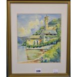 A watercolour by Margaret Cologni, Italian scene with a house on a lake shore, 10 x 8 3/4in., signed
