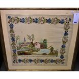 A Victorian woolwork tapestry with floral border, depicting a village green with church, figures and